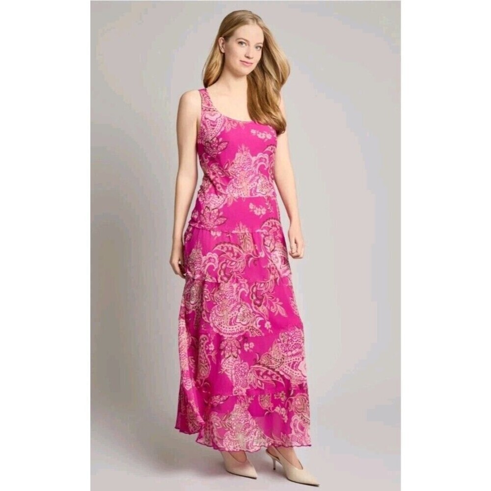 Jones NY Tiered Maxi Dress Size S Pink Paisley Sleeveless Lined Boho Occasion
